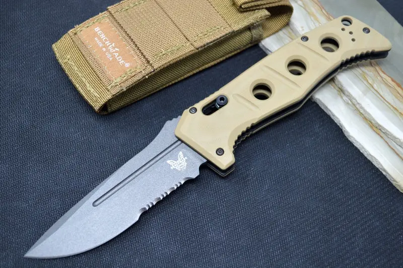 Benchmade Adamas 2750Sgy-3 – Grey Cpm-Cruwear Combo Drop Point Blade, Desert Tan G-10 Handle 1