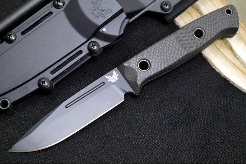 Benchmade Bushcrafter Fixed Blade 163Bk – Cpm-Cruwear Steel, Drop Point, Black Carbon Fiber Handle With Red Spacers, Black Kydex Sheath 1