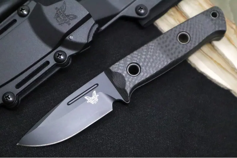 Benchmade Mini Bushcrafter 165Bk Fixed Blade – Cpm-Cruwear Steel, Black Carbon Fiber & Red Spacer Handle, Black Kydex Sheath 1