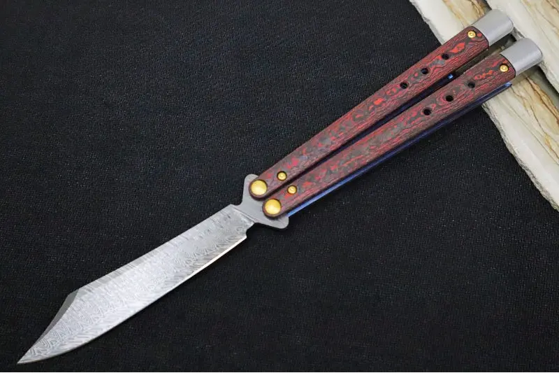 Benchmade Necron 99-241 Gold Class Balisong – Weehawk Damasteel Scimitar-Clip Blade, Lava Flow Carbon Fiber Handle, Tungsten Weights 1