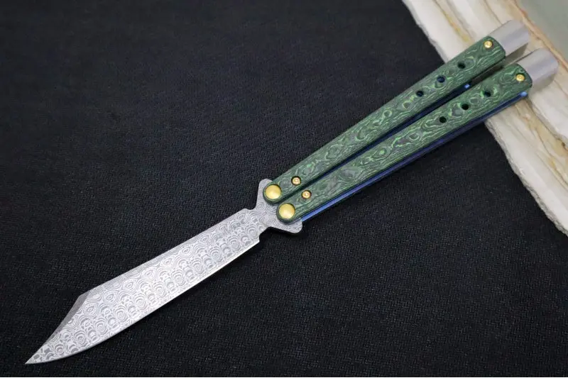 Benchmade Necron 99-242 Gold Class Balisong – Weehawk Damasteel Scimitar-Clip Blade, Jungle Wear Carbon Fiber Handle, Tungsten Weights 1