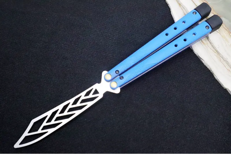 Benchmade Necron 99T Balisong Trainer – 440C Stainless Steel, Dull Skeletonized Scimitar Blade, Satin Finish, Blue G-10 Handle, Removable Tungsten Weights 1