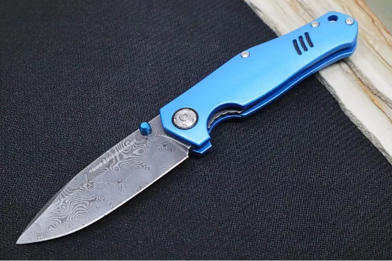 Boker 1969 Z28 Damascus Knife – Blue Anodized Handle, Chad Nichols Tread Pattern Damascus Blade 1