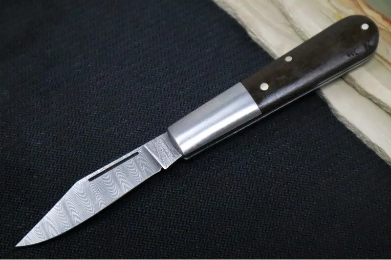 Boker Barlow M4 Sherman Damascus Knife – Chad Nichols Ladder Damascus Blade, Brown Burlap Micarta Scales 1