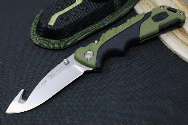 Buck 660 Large Pursuit Folding Knife – Drop Point Guthook Blade, 420Hc Steel, Green Gfn Versaflex Handle 1