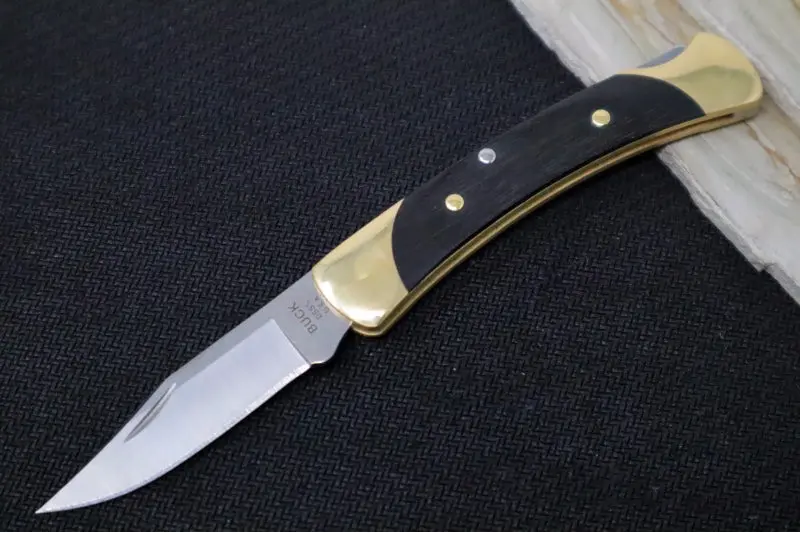 Buck The 55 Folding Hunter – Ebony Wood & Brass Bolster Handle, Stainless Clip Point Blade 1