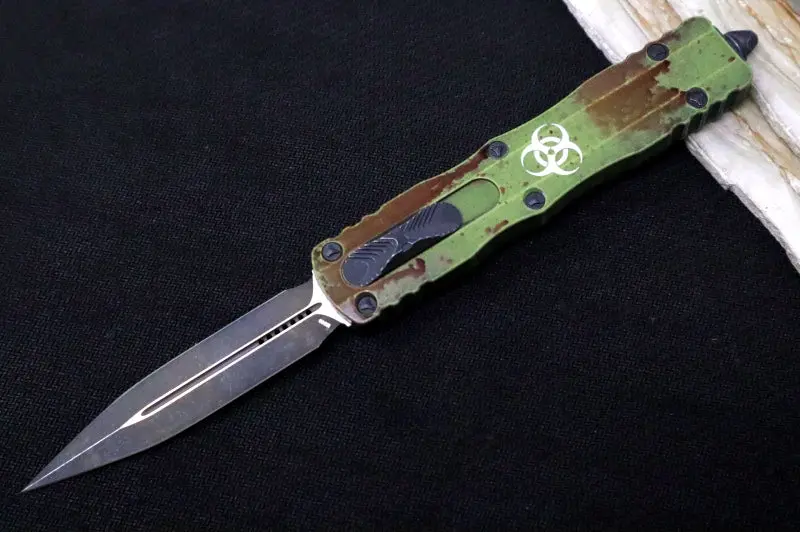 Microtech Dirac Delta Otf Outbreak – Double-Edged Apocalyptic Blade, Green Blood-Splatter Aluminum Handle 1