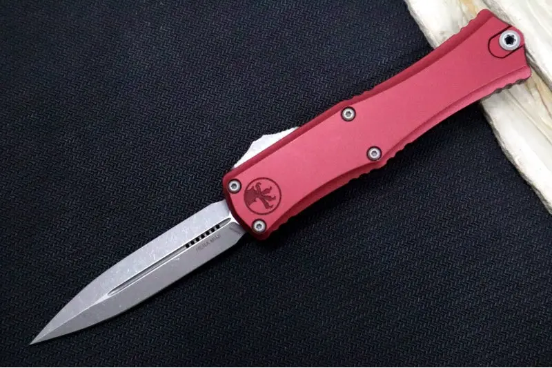 Microtech Mini Hera Ii Otf Knife – Dagger Blade, Apocalyptic Finish, Merlot Anodized Aluminum Handle (1702M-10Apmr) 1
