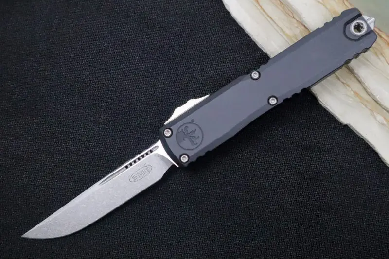 Microtech Ultratech Zbp Otf Knife – Stonewash Single-Edge Blade, Black Anodized Aluminum Handle (1121-10) 1