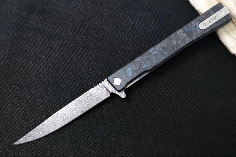 Ocaso Solstice Damascus Flipper – 120-Layer Damascus Blade, Dark Matter Blue Carbon Fiber & Blue-Anodized Titanium Handle 1