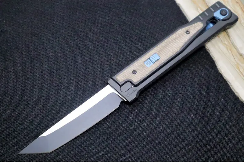 Reate Exo Gravity Knife – Black Pvd Titanium Handle With Twill Green Micarta Inlay, Black Pvd Finish, Tanto Elmax Blade 1