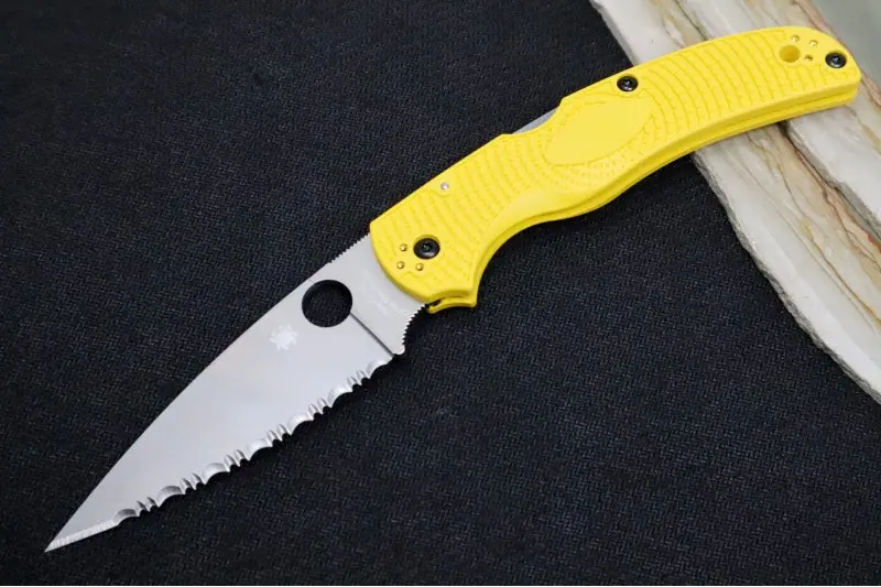 Spyderco Native Chief Salt – Fully Serrated Drop Point Blade, Yellow Frn Handles, Cpm-Magnacut Steel 1