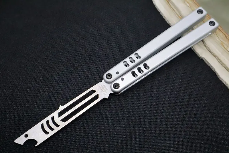 Squid Industries Mako V4.5 Balisong Trainer – Silver Anodized Aluminum Handles, Stonewashed Stainless Steel Blade, Phosphor Bronze Washers 1