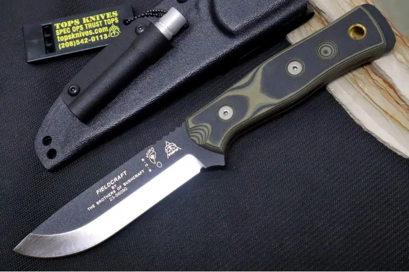 Tops Bob Fieldcraft Fixed Blade Knife – 1095 High-Carbon Steel, Black G-10 Handle, Kydex Sheath (Bros-G/Bg10) 1