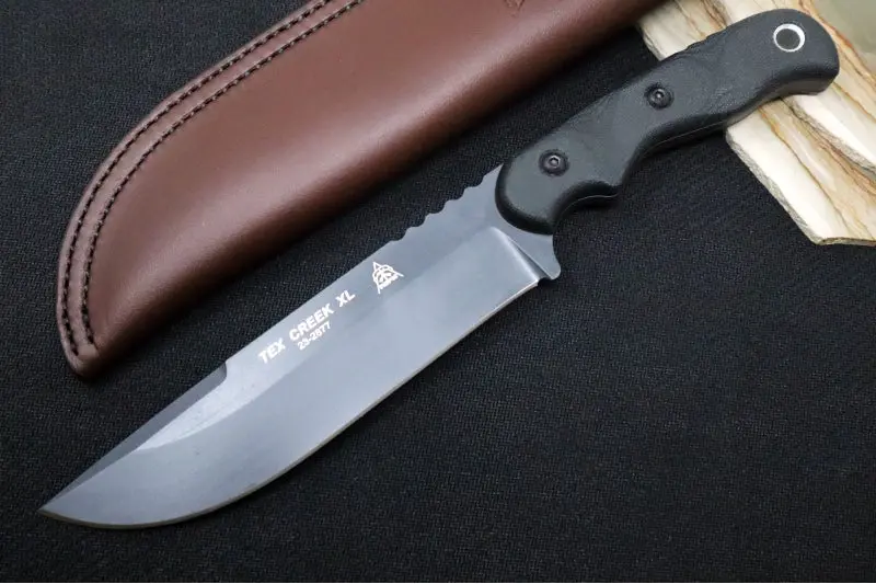 Tops Tex Creek Xl Fixed Blade – 1095 Steel, Sniper Grey Finish, Black Canvas Micarta Handle, Brown Leather Sheath (Texxl-02) 1